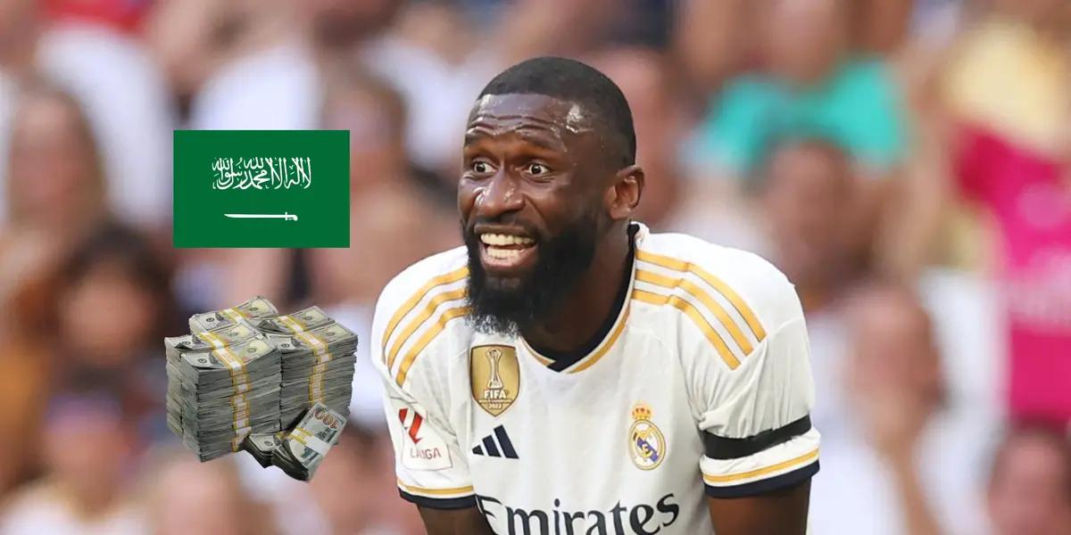 Antonio Rudiger looks in shock with a Real Madrid jersey on while the Saudi Arabia flag and a stack of cash is next to him. (Source: DeadlineDayLive X)