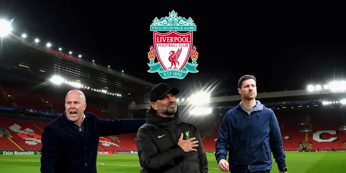Arne Slot, Jurgen Klopp, and Xabi Alonso with the background of Liverpool's stadium, Anfield.