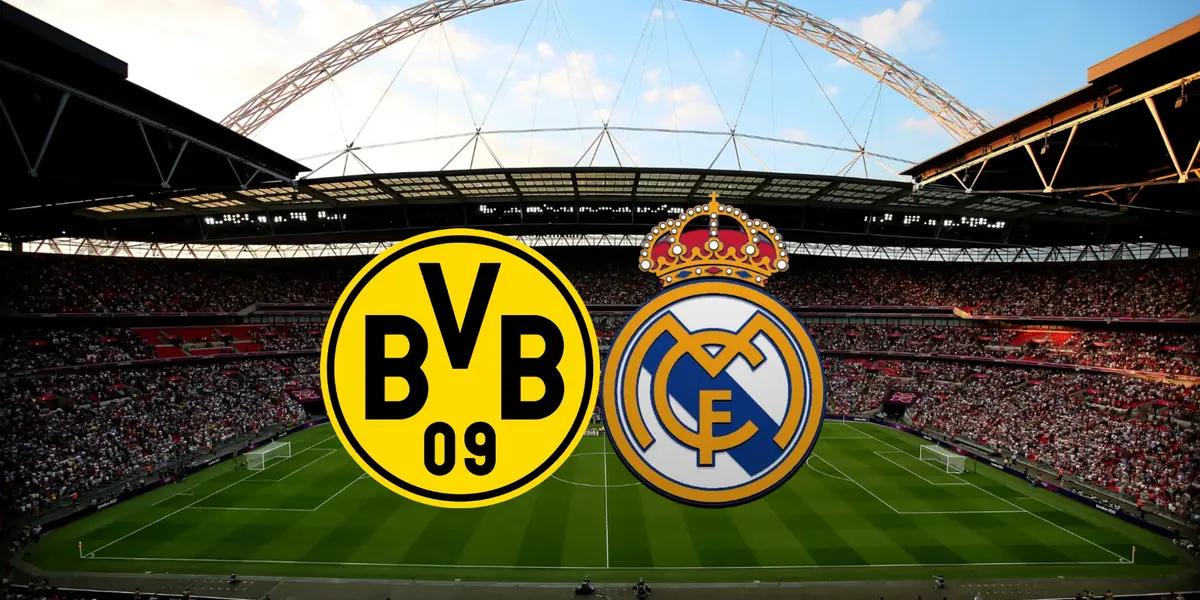 Borussia Dortmund and Real Madrid's badges with the background of Wembley Stadium.