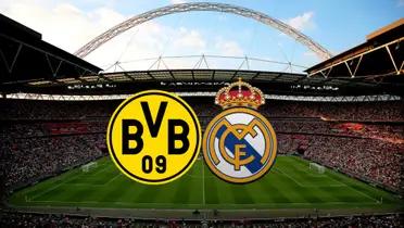 Borussia Dortmund and Real Madrid's badges with the background of Wembley Stadium.