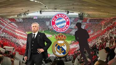Carlo Ancelotti focused as the coach of Real Madrid; the background of Bayern Munich's stadium, the Allianz Arena.