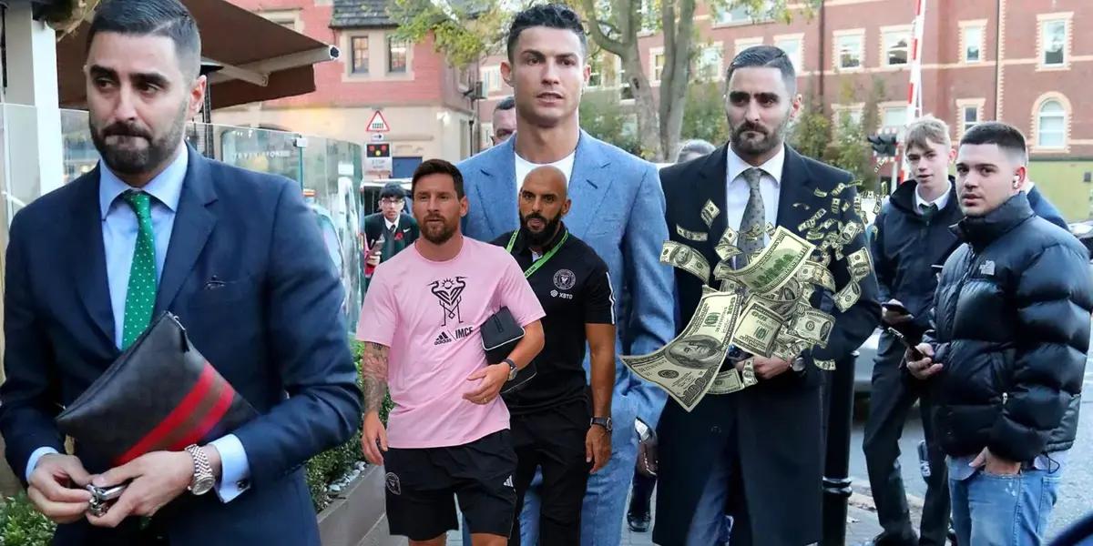Cristiano Ronaldo and his bodyguards walked together while Lionel Messi is with his bodyguard in Miami.
