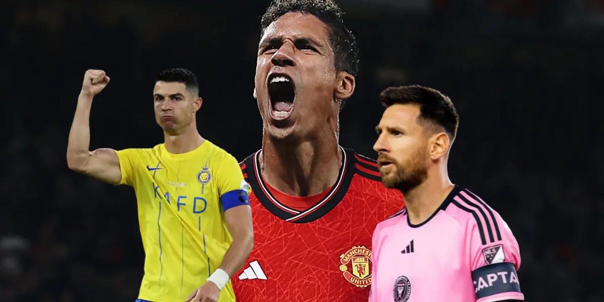 Cristiano Ronaldo and Lionel Messi look serious while wearing their team jerseys and Raphael Varane shouts with a Man United jersey on. (Source: Varane X, Messi Xtra X, Cristiano Xtra X)