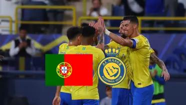 Cristiano Ronaldo and the rest of the Al Nassr team celebrates a goal together.