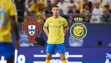 Cristiano Ronaldo breathes before he kicks a ball while the Portugal national team logo and the Al Nassr logo is next to him.