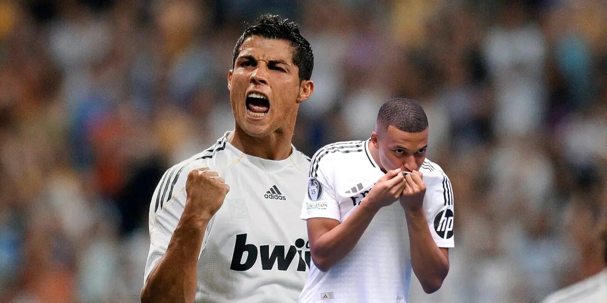 Cristiano Ronaldo celebrates a goal with Real Madrid while Kylian Mbappé kisses the Real Madrid badge. (Source: MARCA, Fabrizio Romano X)