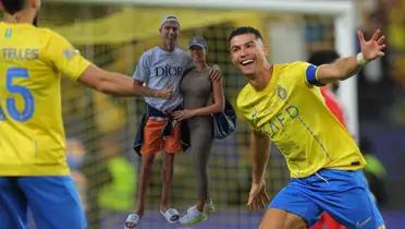 Cristiano Ronaldo celebrates his Al Nassr goal; Ronaldo and his girlfriend Georgina Rodriguez together for a picture.