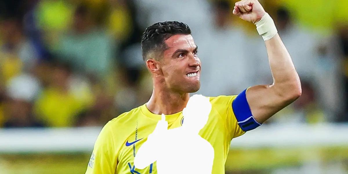 Cristiano Ronaldo celebrates his goal with Al Nassr with his close fist up in the air.