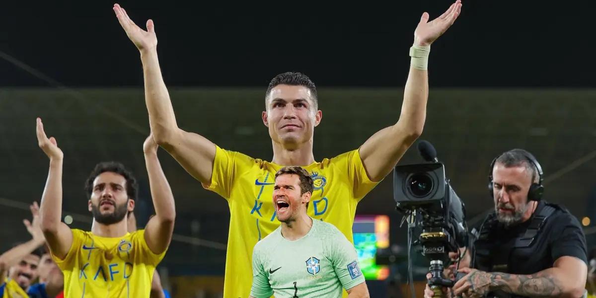Cristiano Ronaldo claps to the fans with a smile on his face and Alisson Becker smiles with the Brazilian goalkeeper kit.