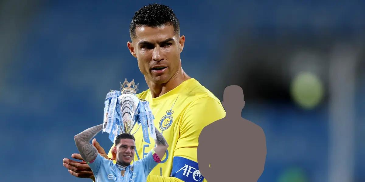 Cristiano Ronaldo claps with an Al Nassr jersey on as Ederson lifts the Premier League trophy and the mystery player is next to him. (Source: Getty Images, X)