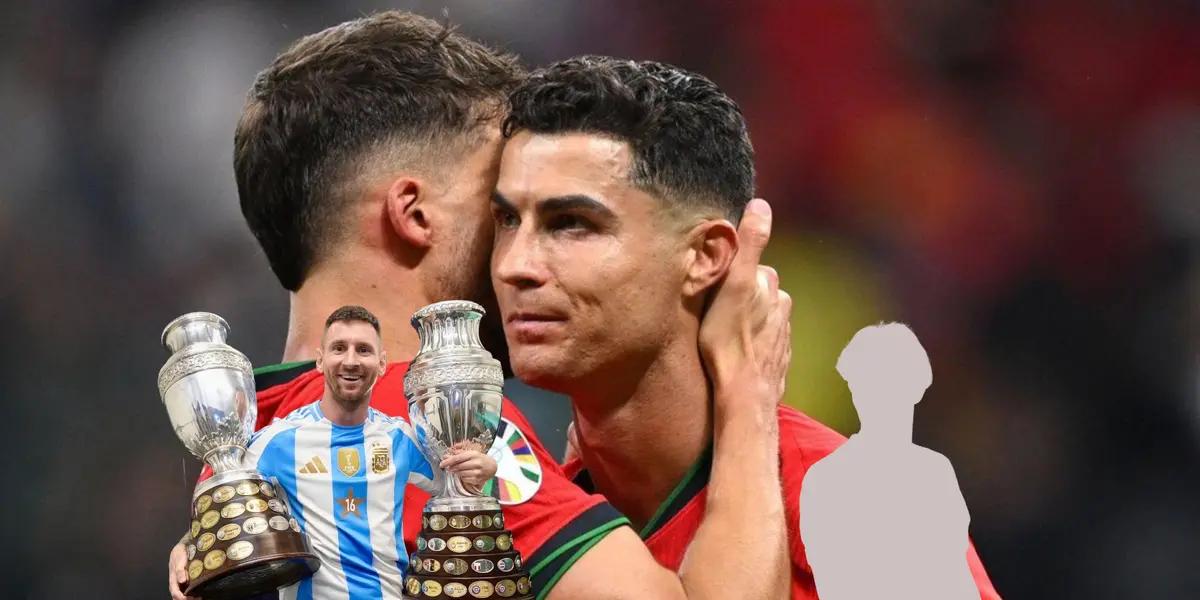 Cristiano Ronaldo is consoled at the EUROS while Lionel Messi holds two Copa America trophies and is next to a mystery player. (Source: GOATTWORLD X, Messi Xtra X)