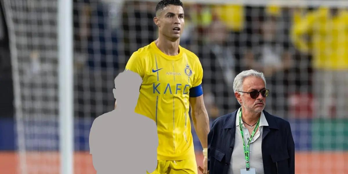 Cristiano Ronaldo look shocked with an Al Nassr jersey while Jose Mourinho is wearing a tag with sunglasses next to a mystery person.