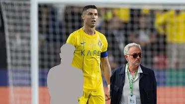 Cristiano Ronaldo look shocked with an Al Nassr jersey while Jose Mourinho is wearing a tag with sunglasses next to a mystery person.