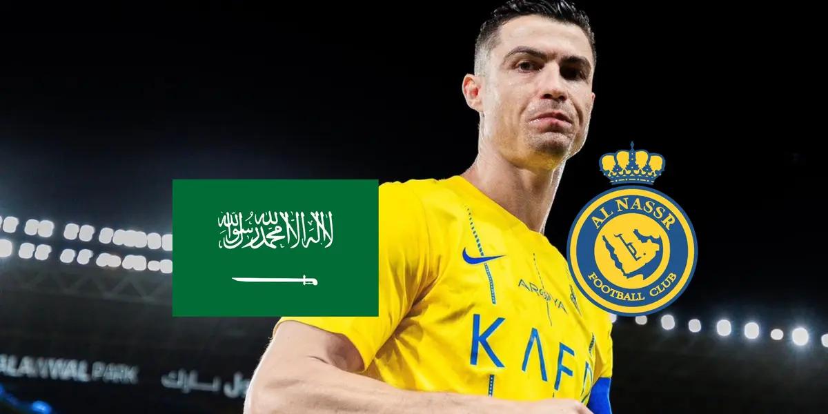 Cristiano Ronaldo looks at the camera in a serious way while there is a Saudi Arabia flag and an Al Nassr logo.
