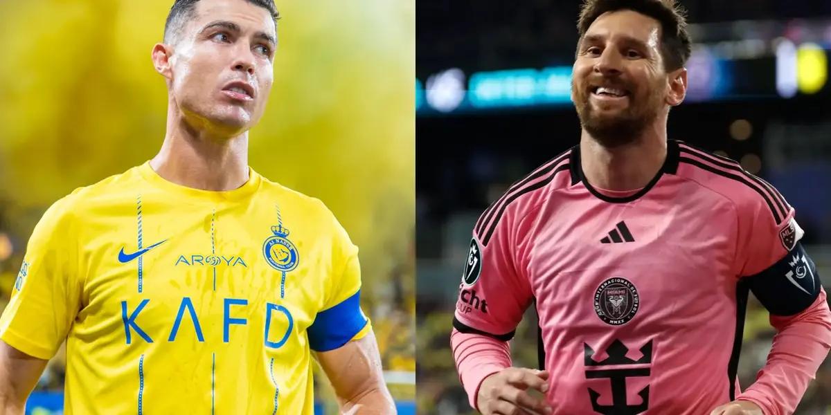 Cristiano Ronaldo looks to his left while wearing the Al Nassr jersey and Lionel Messi smiles while wearing the Inter Miami jersey.