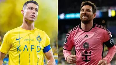 Cristiano Ronaldo looks to his left while wearing the Al Nassr jersey and Lionel Messi smiles while wearing the Inter Miami jersey.