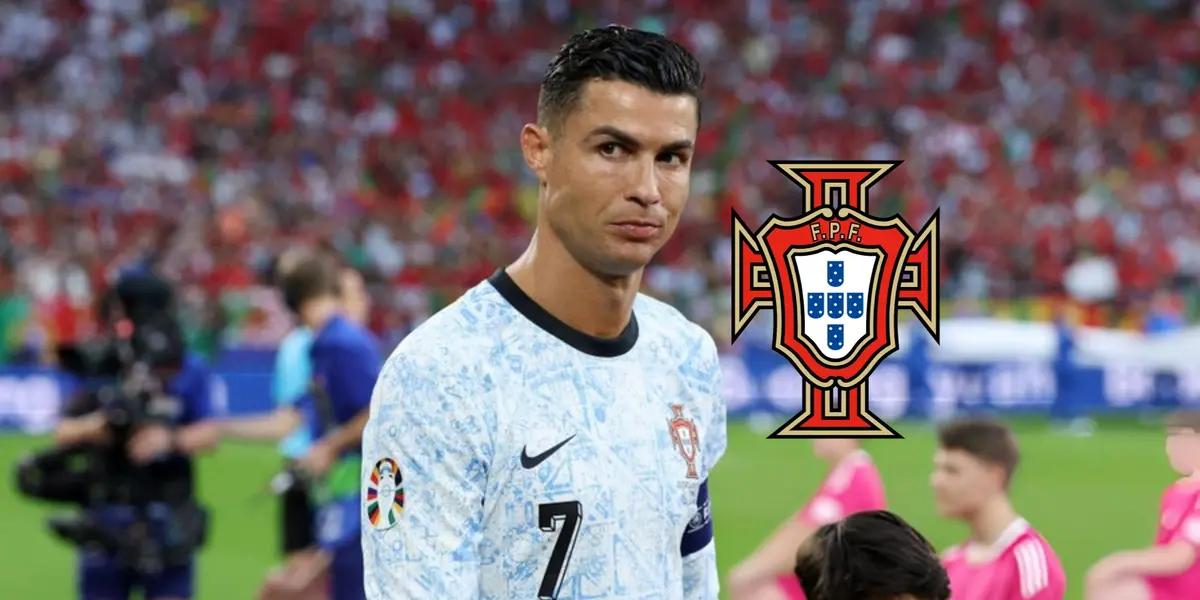 Cristiano Ronaldo looks to the side as he wears the away Portugal jersey and the Portugal national team badge is next to him. (Source: GOATTWORLD X)