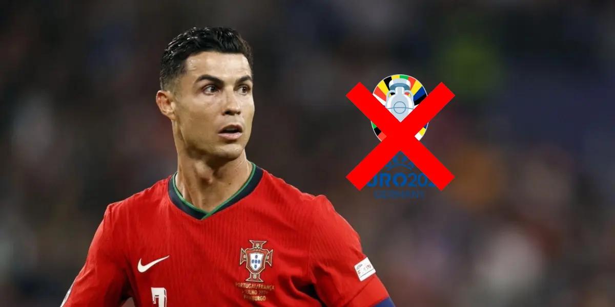 Cristiano Ronaldo looks to the side as he wears the Portugal kit and the Euro 2024 logo is crossed out. (Source: Al Nassr Zone X)