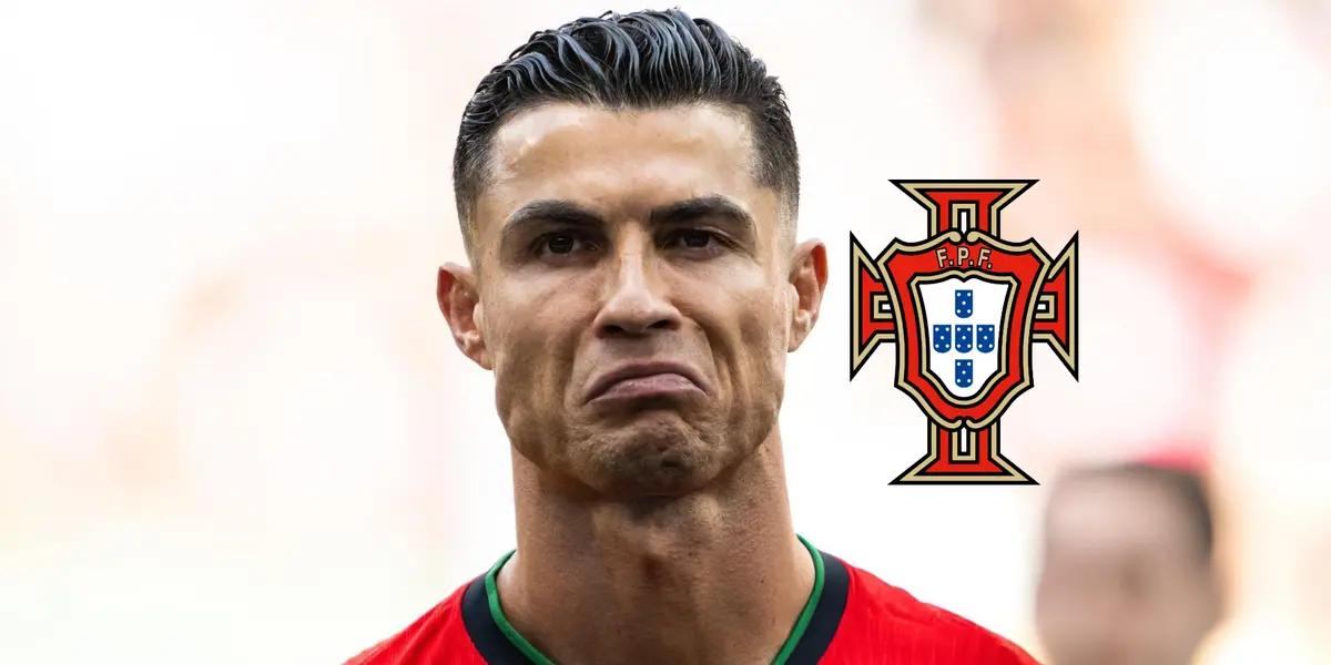Cristiano Ronaldo makes an 'impressed' face while wearing the Portugal jersey; the Portugal national team badge is next to him. (Source: GOATTWORLD X)
