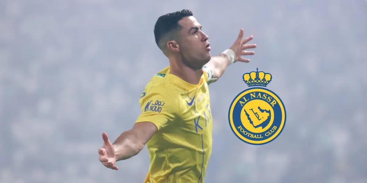 Cristiano Ronaldo opens his arms out to celebrate a goal he scored for Al Nassr.