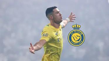 Cristiano Ronaldo opens his arms out to celebrate a goal he scored for Al Nassr.