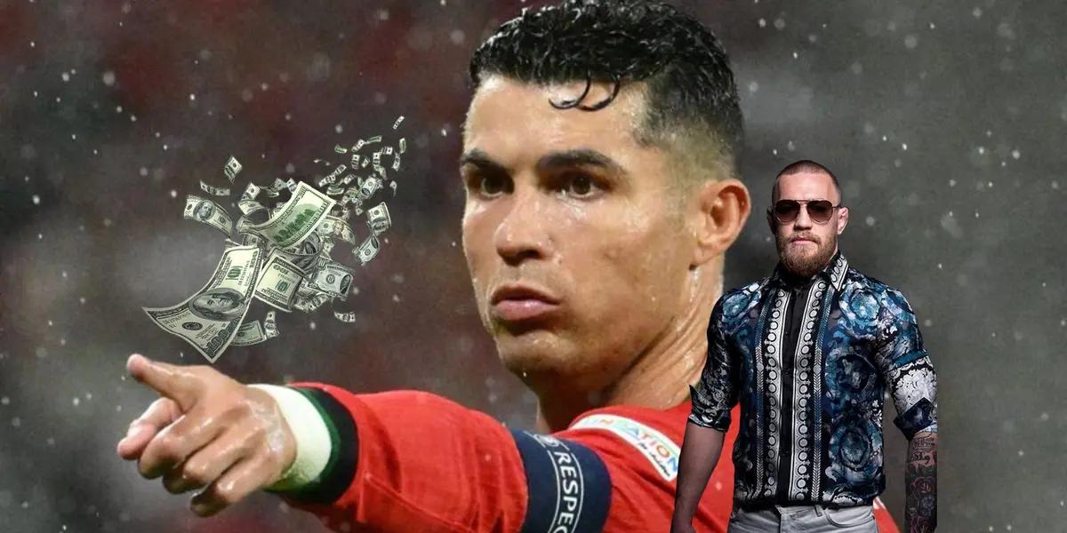 Cristiano Ronaldo points while Conor McGregor poses for a picture with sunglasses; flying money is next to them. (Source: GOATTWORLD X, Pinterest)