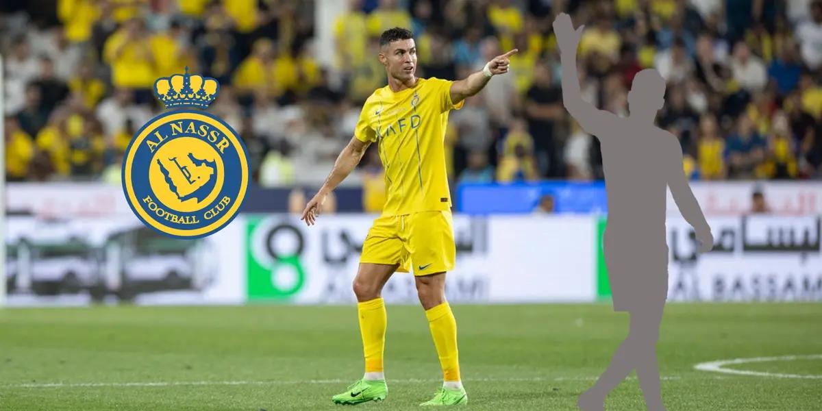Cristiano Ronaldo points while wearing an Al Nassr kit and a mystery player puts his hand up; the Al Nassr badge is next to Ronaldo.