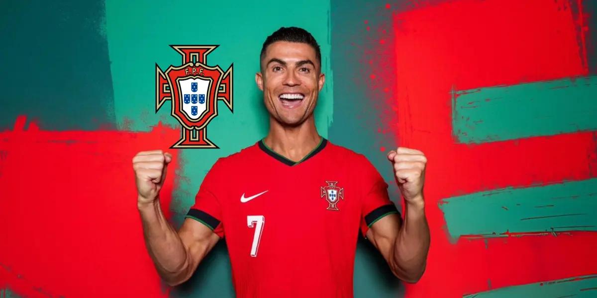 Cristiano Ronaldo poses for a picture with the Portugal jersey and the Portuguese national team badge is next to him.