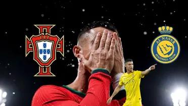 Cristiano Ronaldo puts his hand on his face, wearing the Portugal kit, while CR7 points with an Al Nassr jersey; the logos of Portugal and Al Nassr are there, too.