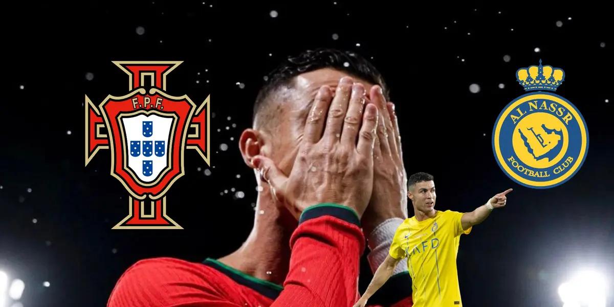 Cristiano Ronaldo puts his hand on his face wearing the Portugal kit while CR7 points with an Al Nassr jersey; the logos of Portugal and Al Nassr is there too.