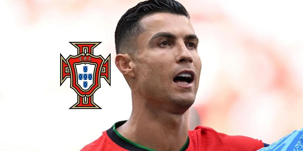 Cristiano Ronaldo sings the Portuguese national anthem as the Portuguese national team badge is next to him. (Source: GOATTWORLD X)