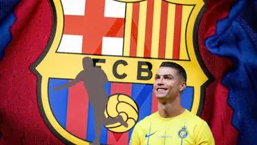 Cristiano Ronaldo smiles representing Al Nassr with the background of FC Barcelona.