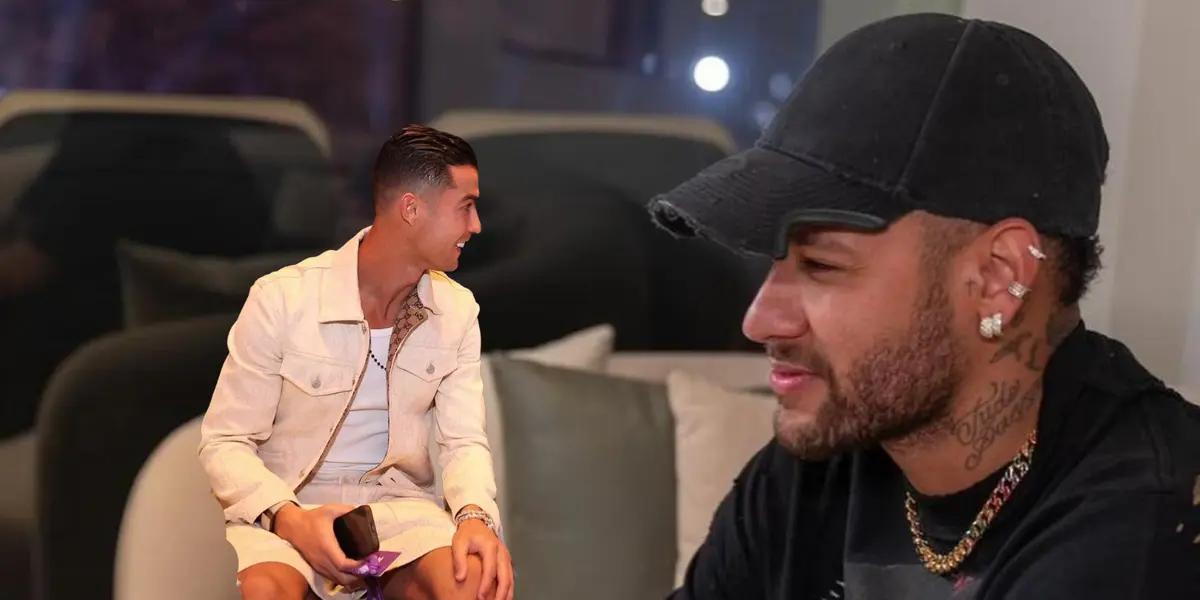 Cristiano Ronaldo smiles wearing a Gucci outfit while Neymar smiles wearing a hat.