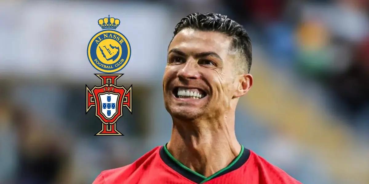 Cristiano Ronaldo smiles while he wears the Portugal jersey; the Al Nassr and Portugal national team badge is next to him.