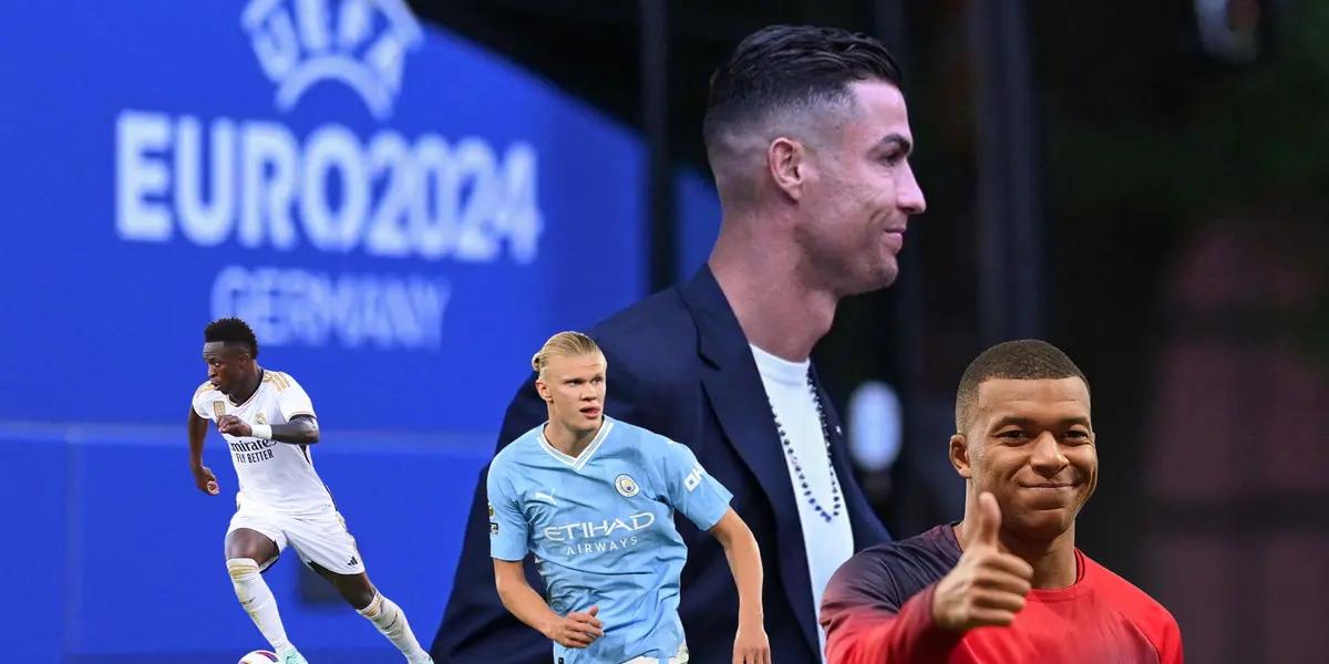 Cristiano Ronaldo smiles with a suit on, while Vinicius Jr, Erling Haaland, and Kylian Mbappé are below him.