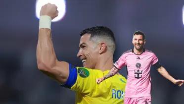 Cristiano Ronaldo smiles with his fist up in the air while Lionel Messi smiles with his arms out wearing an Inter Miami jersey.