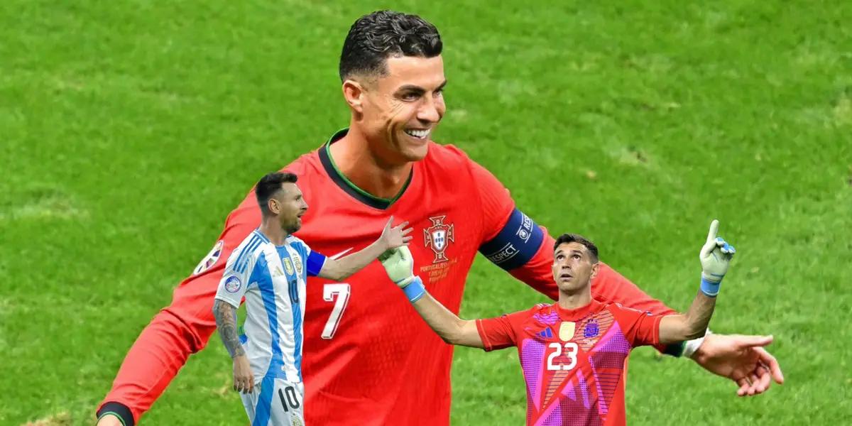 Cristiano Ronaldo smiles with the Portugal jersey on while Lionel Messi smiles with the Argentina jersey and Dibu Martinez points and looks up. (Source: Messi Xtra X, GOATTWORLD X)