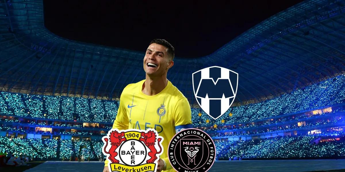 Cristiano Ronaldo smiling with an Al Nassr jersey at the background of Monterrey stadium.