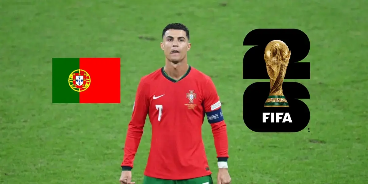 Cristiano Ronaldo wear the Portugal jersey as the Portugal flag is next to him and the FIFA World Cup 2026 logo is next to him. (Source: FIFA, GOATTWORLD X)