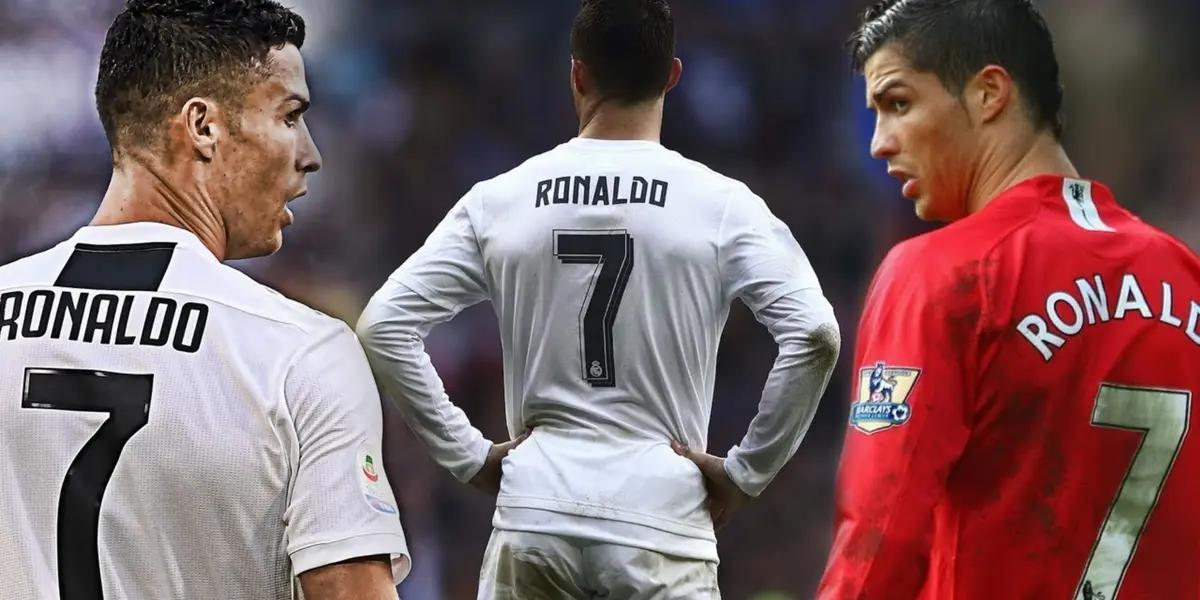 Cristiano Ronaldo with the number 7 oon Juventus, Real Madrid and Manchester United jerseys.