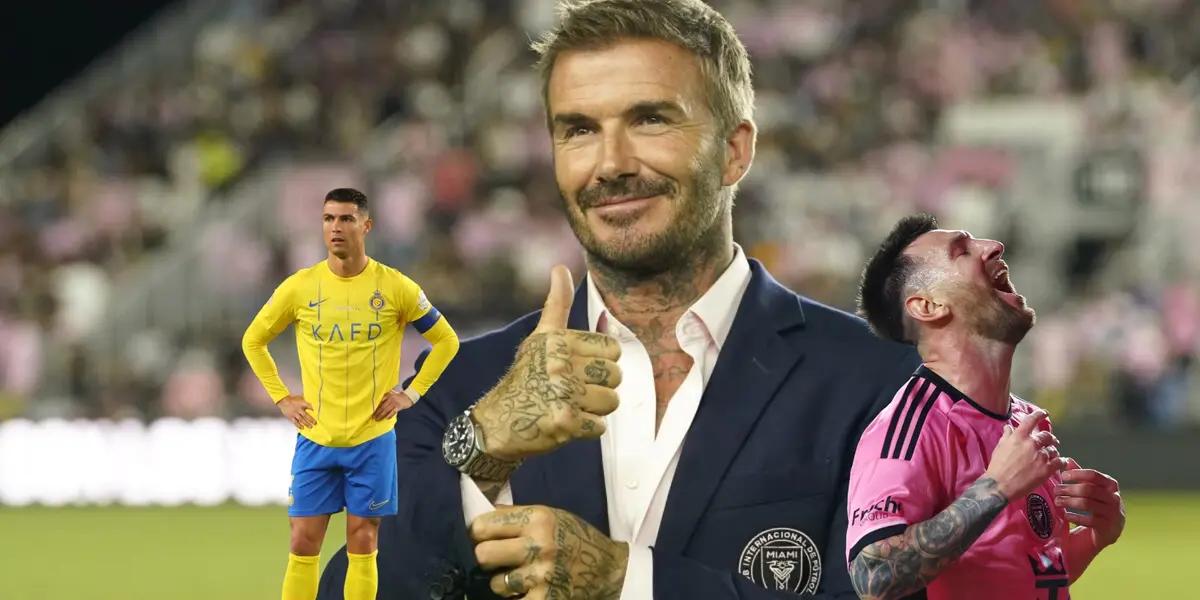 David Beckham smiles and gives a thumbs up while Cristiano Ronaldo is confused and Lionel Messi yells.