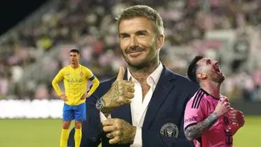 David Beckham smiles and gives a thumbs up while Cristiano Ronaldo is confused and Lionel Messi yells.