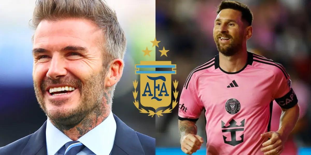 David Beckham smiles and Lionel Messi smiles with the Inter Miami jersey; the Argentina national team logo is in the middle.