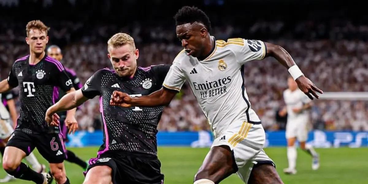 De Ligt tries to get the ball while Vinicius Jr. is dribbling in the Real Madrid vs Bayern Munich match.