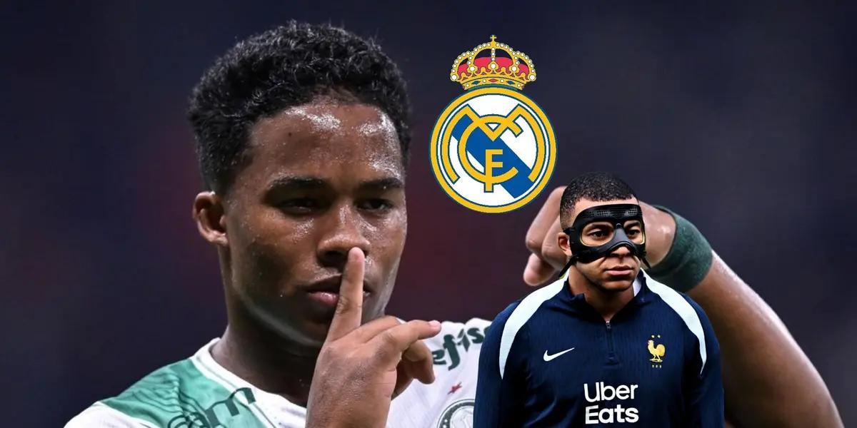 Endrick does a celebration while wearing the Palmeiras jersey and Kylian Mbappé wears a mask as he wears a France sweater. (Source: Madrid Xtra X)