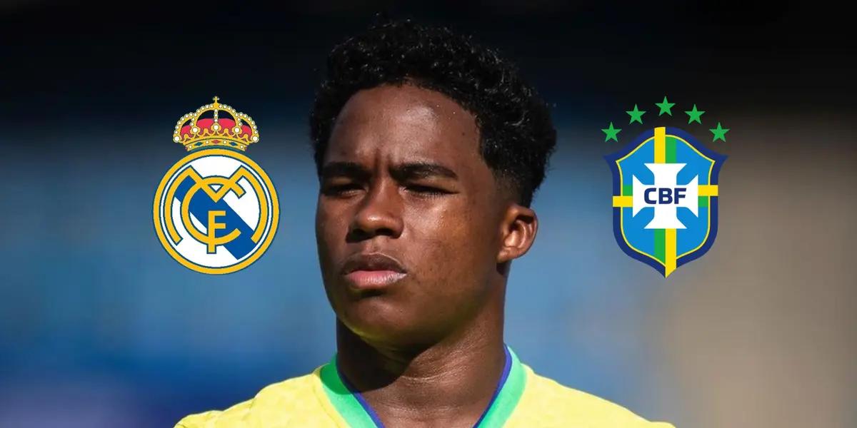 Endrick is focused while wearing the Brazilian national team jersey; the Real Madrid and Brazil national team logos are next to him.
