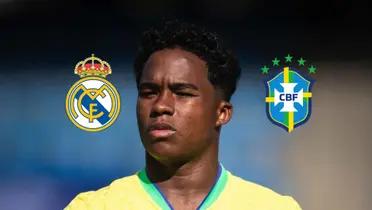 Endrick is focused while wearing the Brazilian national team jersey; the Real Madrid and Brazil national team logos are next to him.