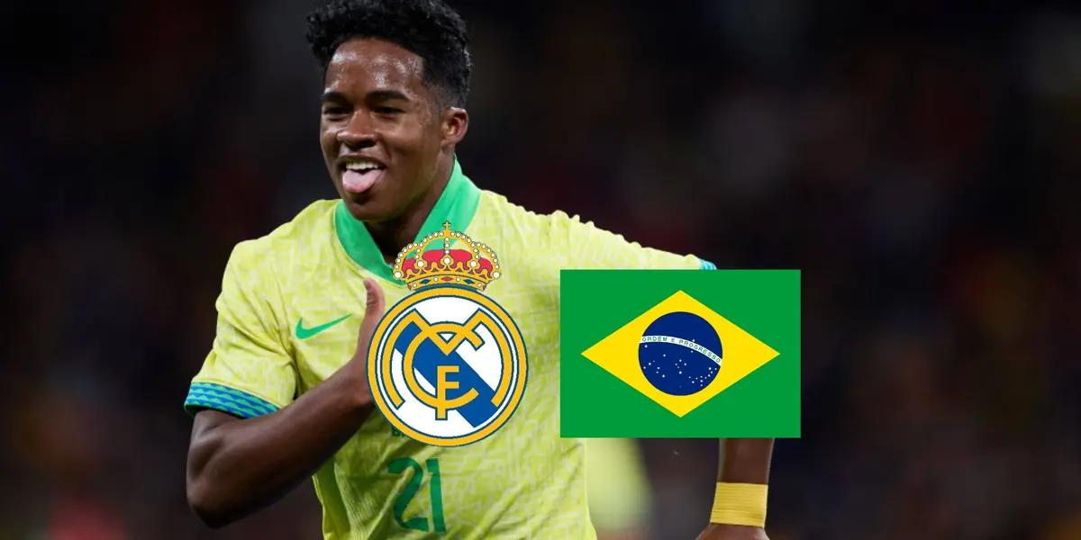Endrick sticks out his tongue and touches his Brazil jersey while the Real Madrid badge and the Brazil flag is below him.