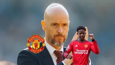 Erik Ten Hag looks serious and claps while Kobbie Mainoo has a fist up and is next to the Manchester United badge. (Source: Getty Images)
