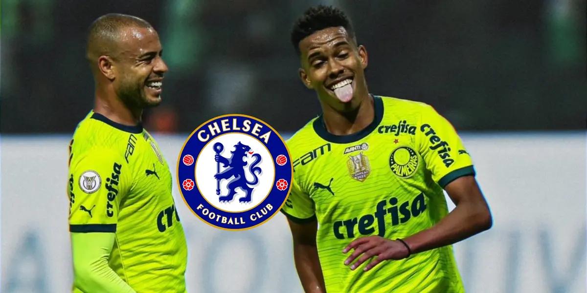 Estevão William celebrates a goal for Palmeiras in Brazl with his teammate as the Chelsea badge is next to him. (Source: FrankKhalidUK X)